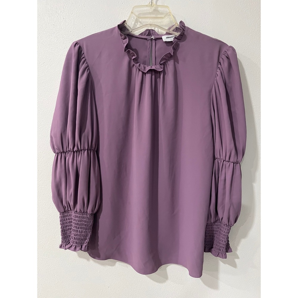 Amanda Uprichard Purple Ruffle Neck Balloon Sleeve Blouse Top Made in USA